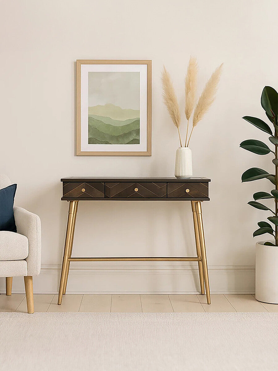 Orsina Sagor Mango Wood Console Table | 3 Drawers & Brass Legs