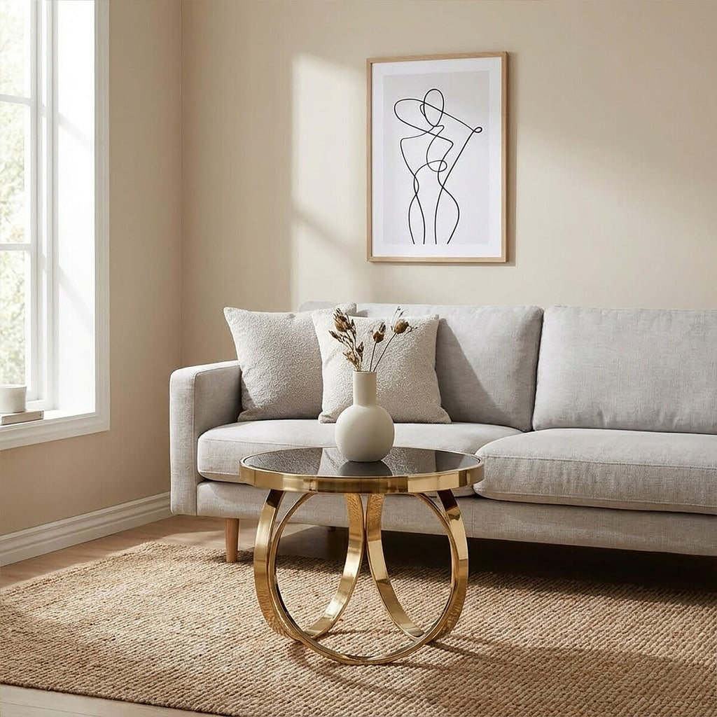 Orsina Ragusa Round Coffee Table – Black Mirrored Glass & Gold