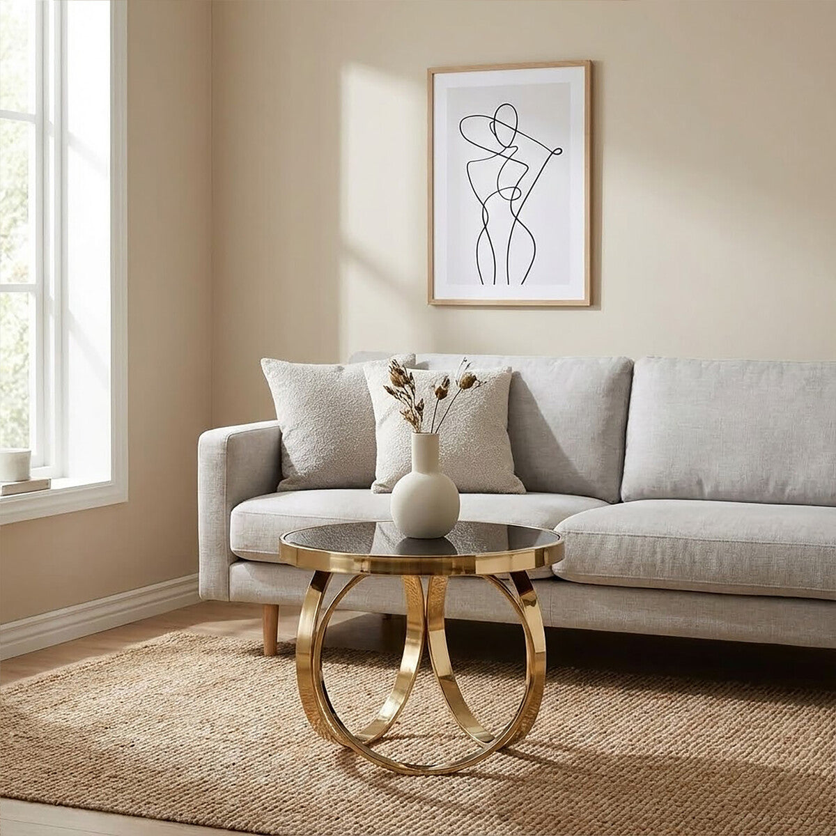 Orsina Ragusa Round Coffee Table – Black Mirrored Glass & Gold