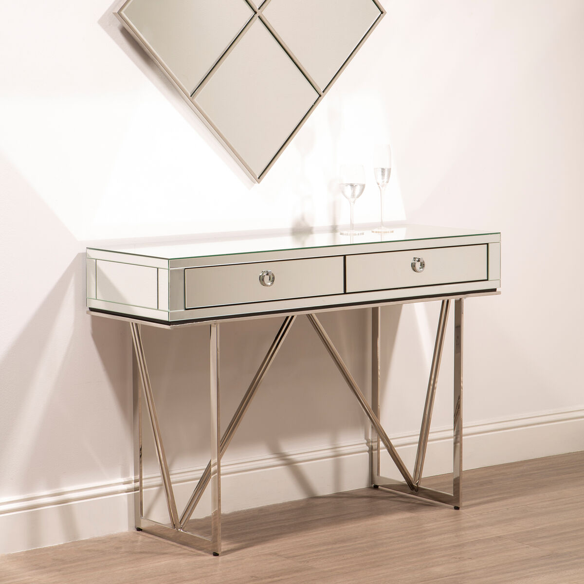 Orsina Rovo Mirrored Console Table | Silver 2-Drawer Storage Desk