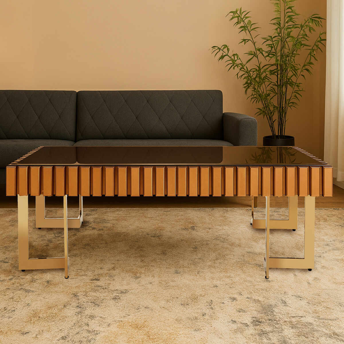 Orsina Rivoli Gold Coffee Table – Mirrored Glass Top & Corrugated Sides