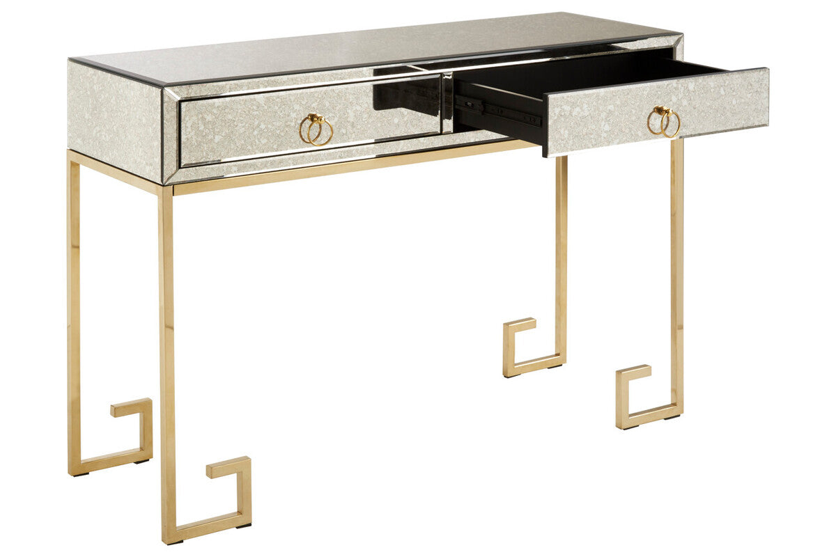 Orsina Rieti Gold Console Table | Mirrored Glass & Steel 2-Drawer