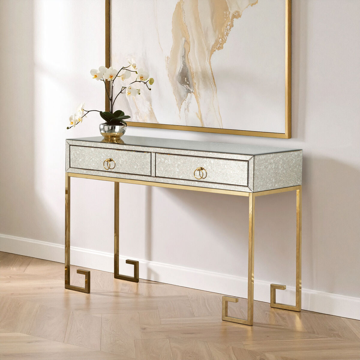 Orsina Rieti Gold Console Table | Mirrored Glass & Steel 2-Drawer