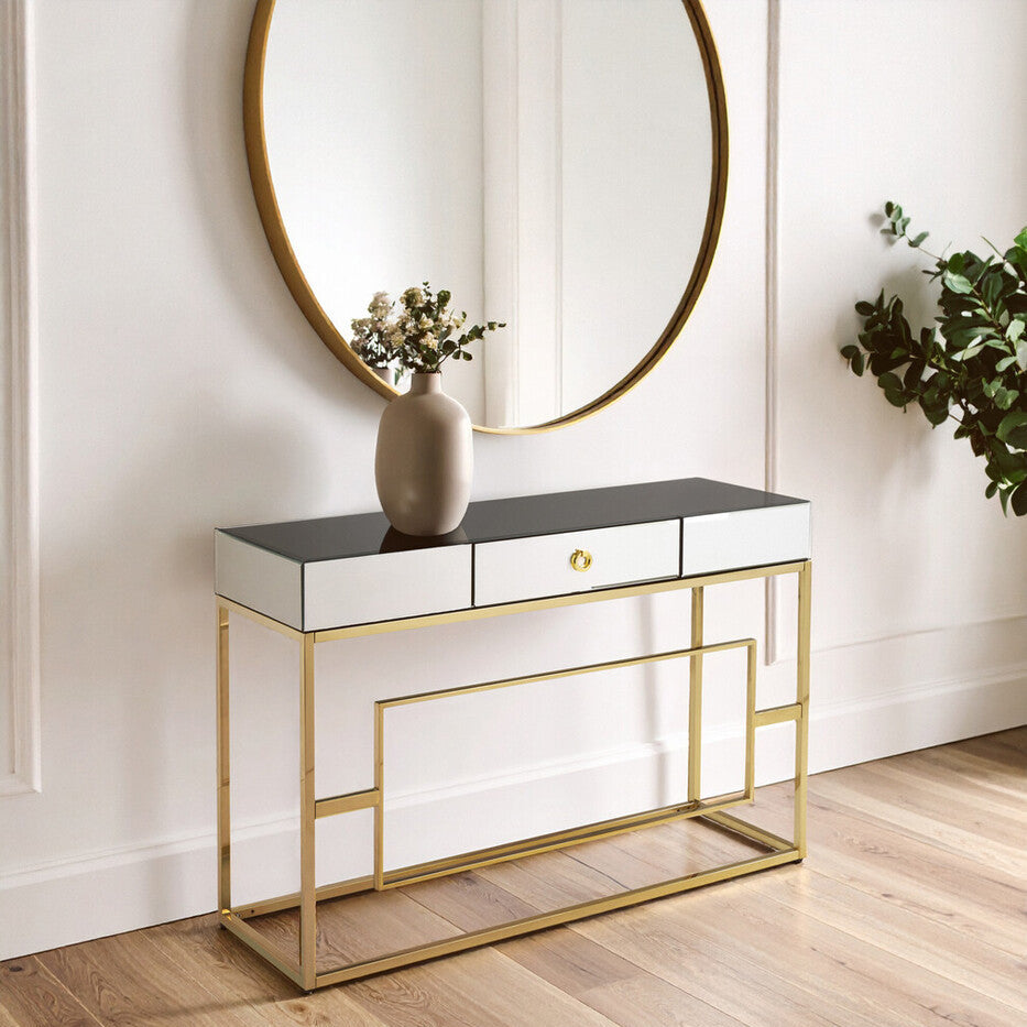 Orsina Rimini Black Mirrored Console Table with Gold Steel Legs