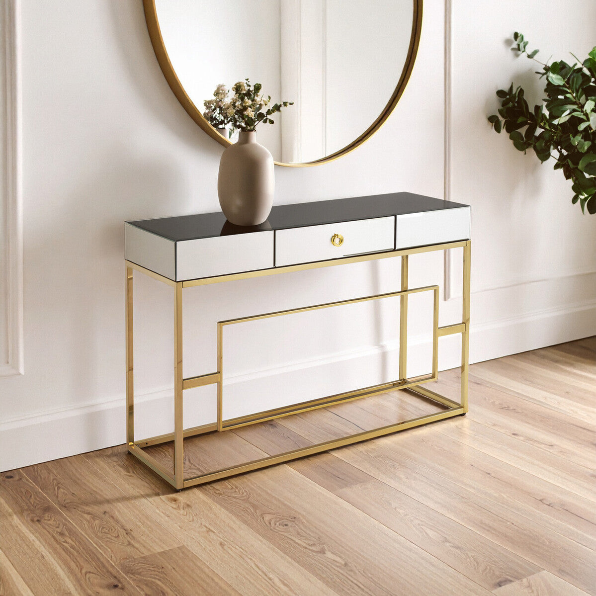 Orsina Rimini Black Mirrored Console Table with Gold Steel Legs
