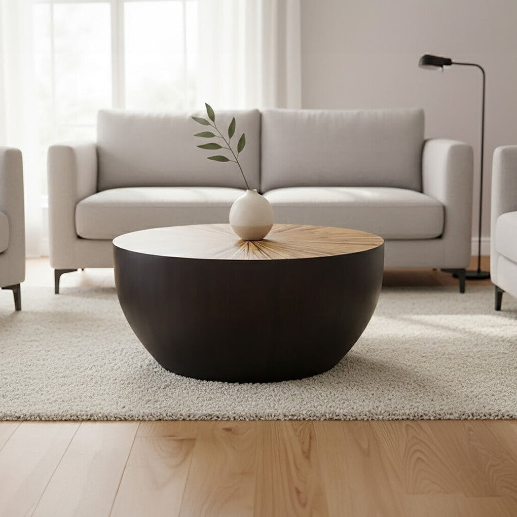 Orsina Gabo Round Ebony Coffee Table – Sunburst Wood & Bamboo Base