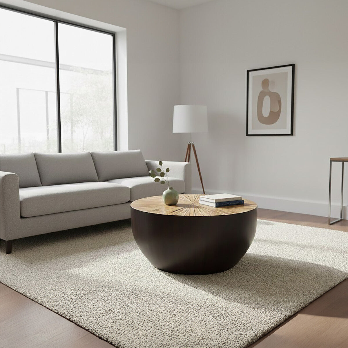 Orsina Gabo Round Ebony Coffee Table – Sunburst Wood & Bamboo Base