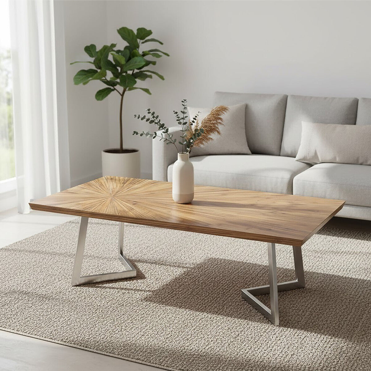 Orsina Natural Bamboo Coffee Table with Silver Stainless Steel Frame