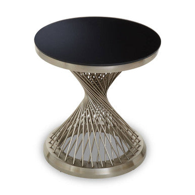 Orsina Anzio Hourglass Side Table | Black Glass & Silver Stainless Steel