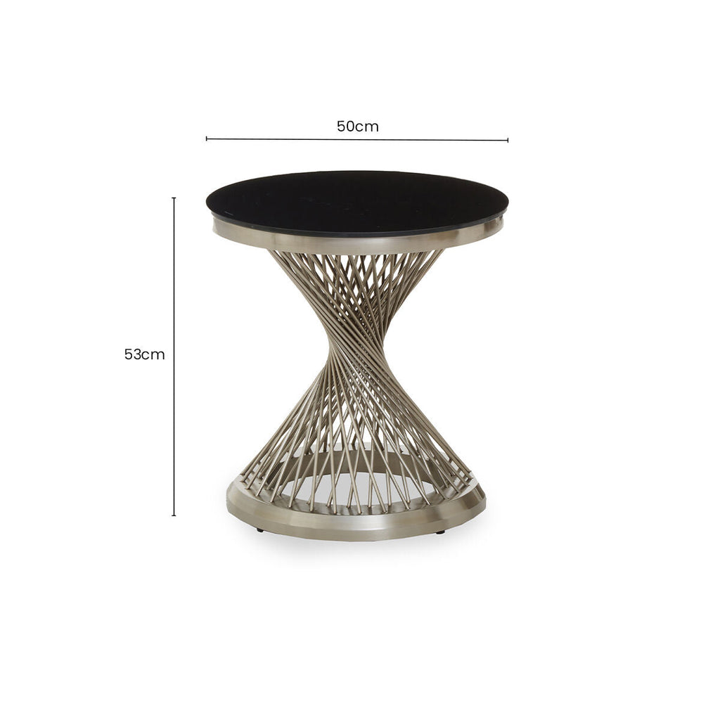 Orsina Anzio Hourglass Side Table | Black Glass & Silver Stainless Steel