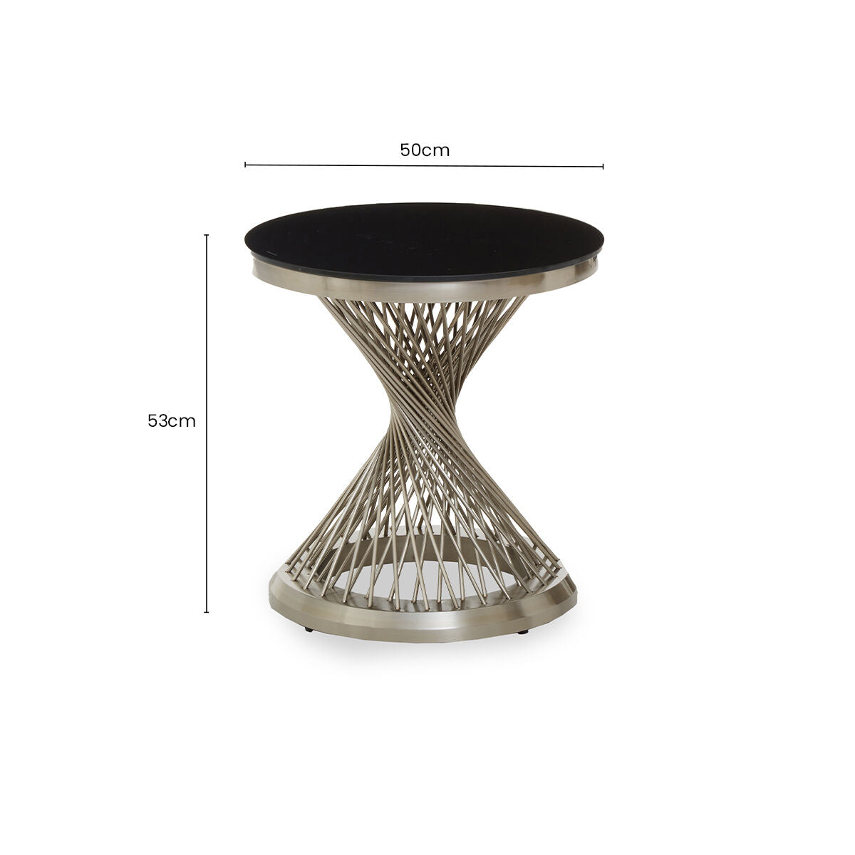 Orsina Anzio Hourglass Side Table | Black Glass & Silver Stainless Steel