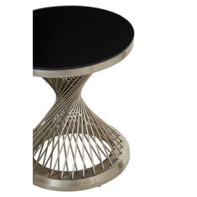 Orsina Anzio Hourglass Side Table | Black Glass & Silver Stainless Steel