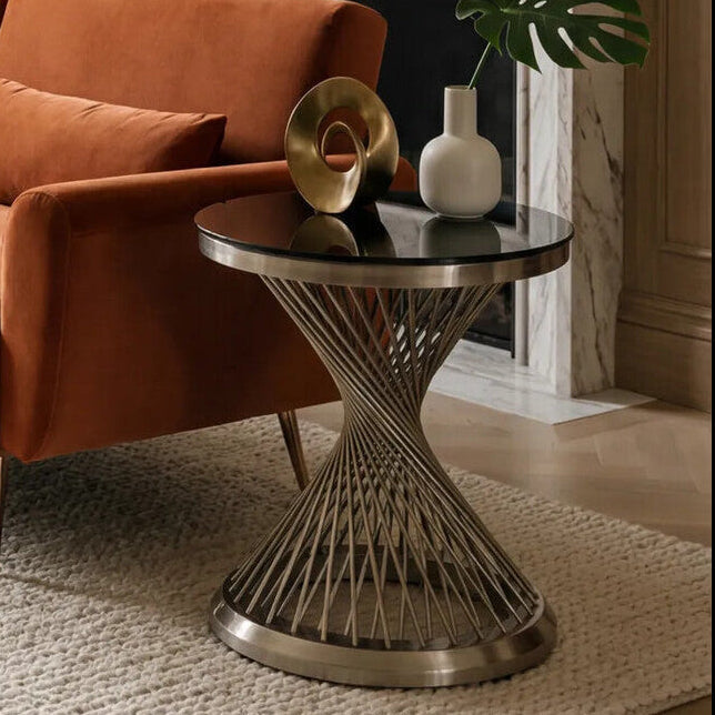 Orsina Anzio Hourglass Side Table | Black Glass & Silver Stainless Steel