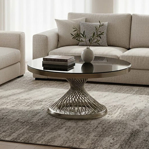 Orsina Anzio Round Black Glass Coffee Table with Silver Stainless Base