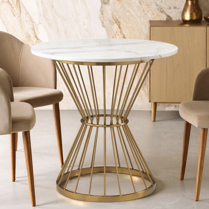 Orsina Anzio Round White Marble Dining Table with Gold Hourglass Base