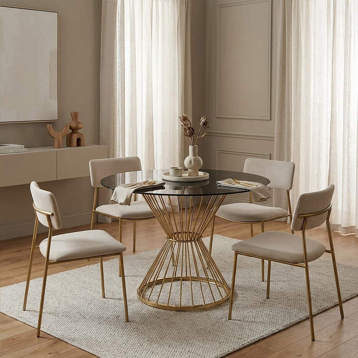 Orsina Anzio Round Dining Table – Black Glass and Gold Hourglass