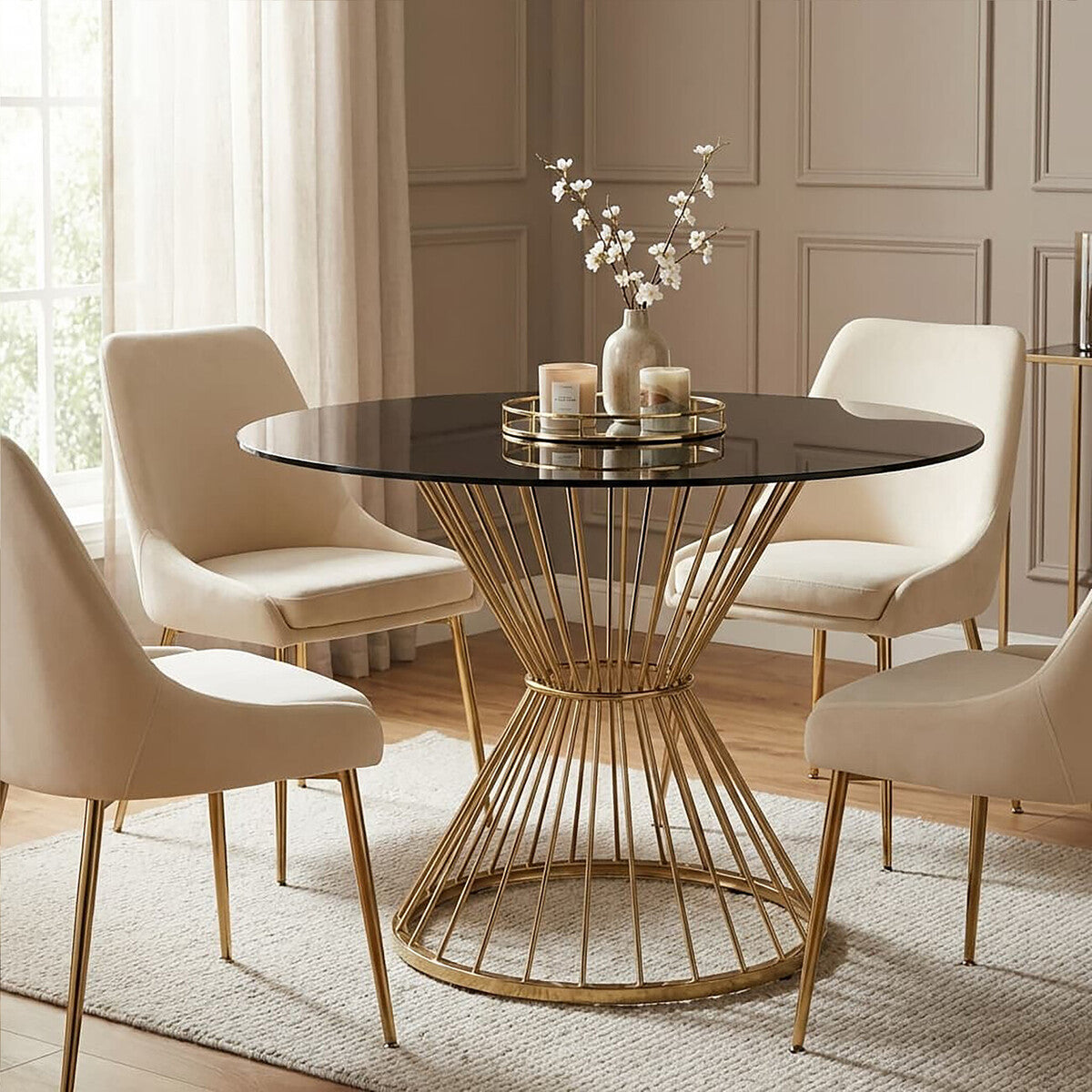 Orsina Anzio Round Dining Table – Black Glass and Gold Hourglass