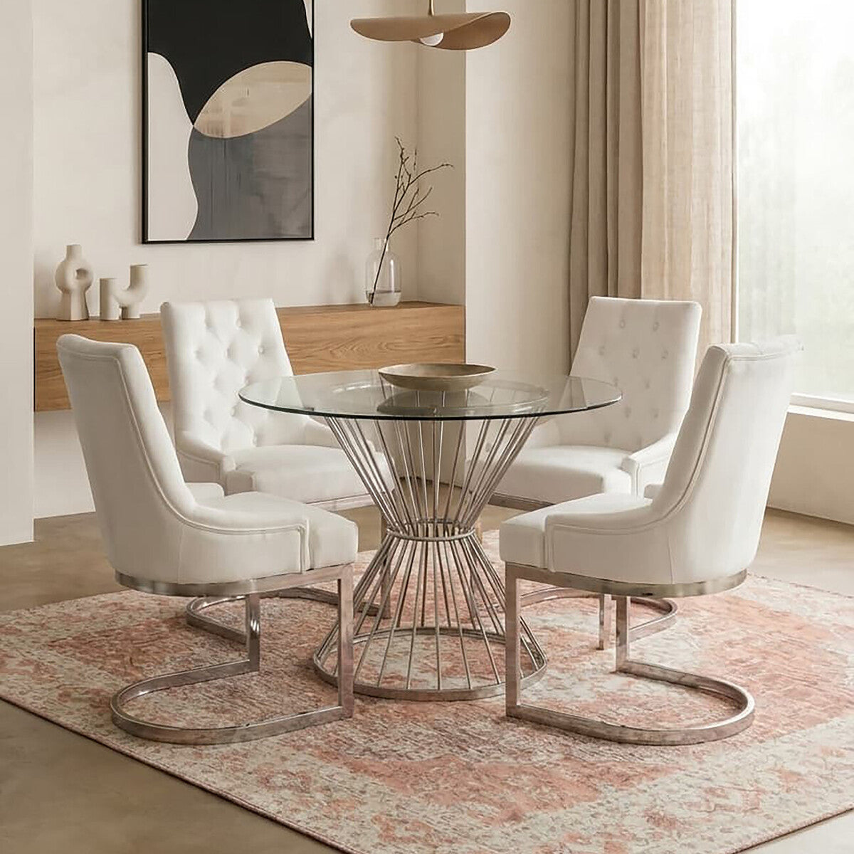 Orsina Anzio Round Glass Dining Table – Silver Stainless Steel Base