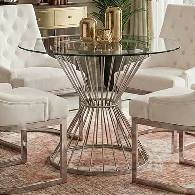 Orsina Anzio Round Glass Dining Table – Silver Stainless Steel Base