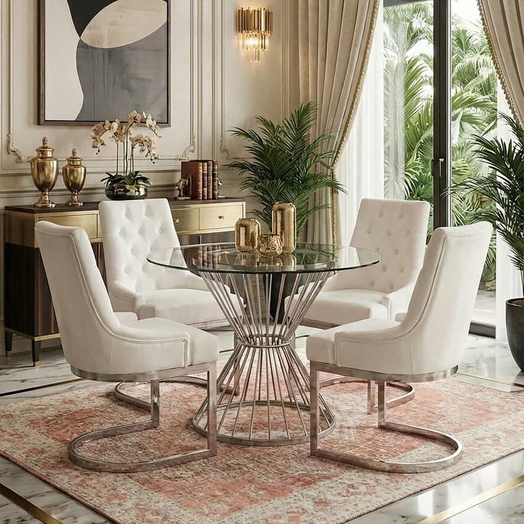 Orsina Anzio Round Glass Dining Table – Silver Stainless Steel Base