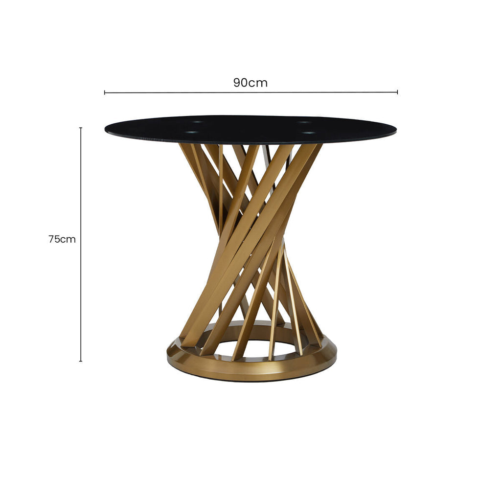 Orsina Anzio Round Black Glass Dining Table with Gold Hourglass Base