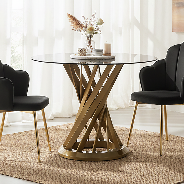 Orsina Anzio Round Black Glass Dining Table with Gold Hourglass Base