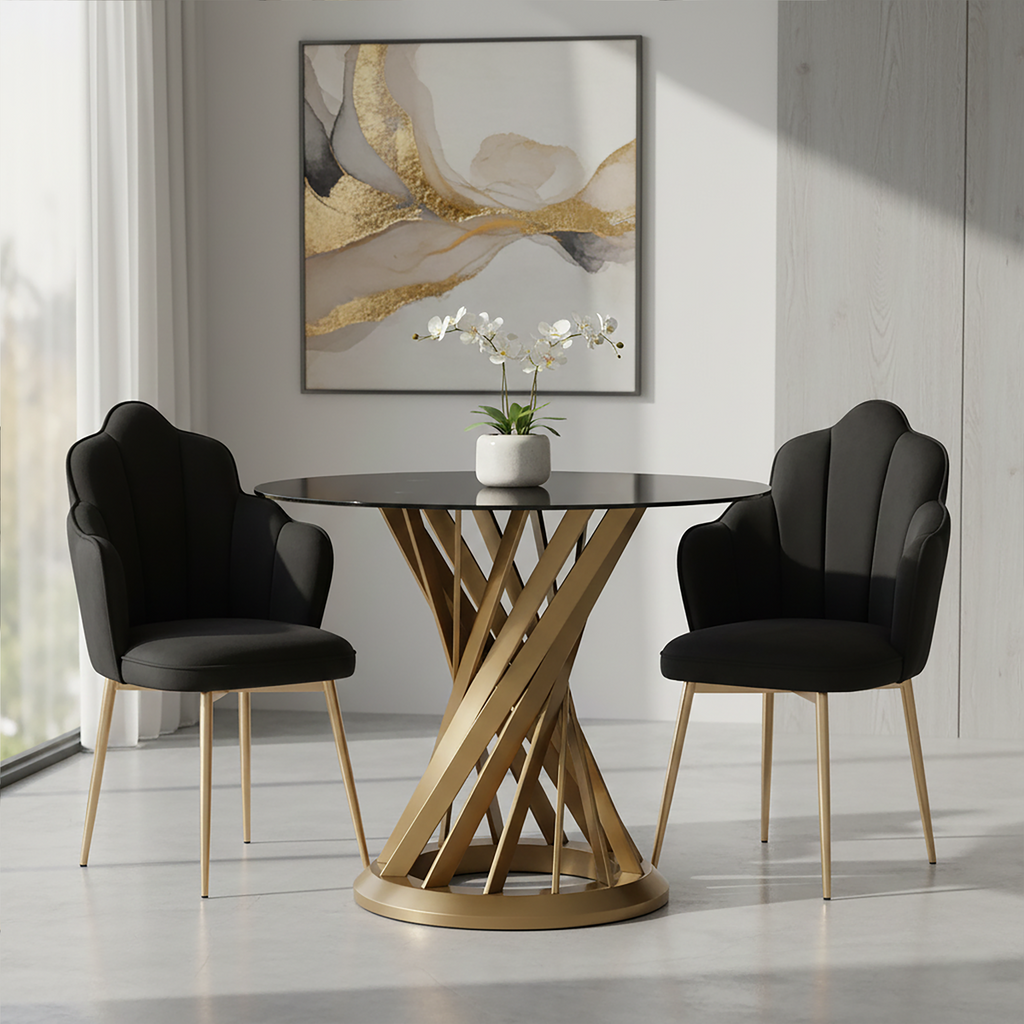 Orsina Anzio Round Black Glass Dining Table with Gold Hourglass Base