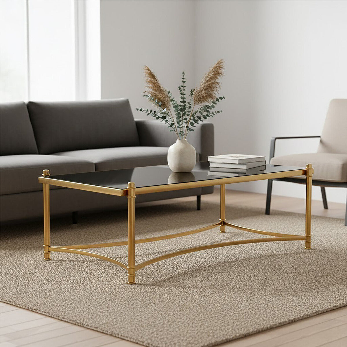 Orsina Ackley Gold Coffee Table | Black Glass Top & Stainless Steel
