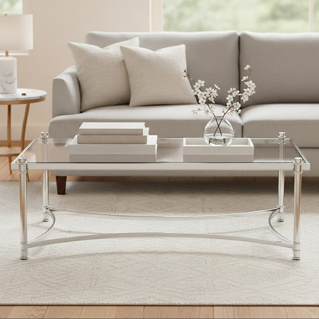 Orsina Ackley Rectangular Glass Coffee Table – Silver Stainless Steel