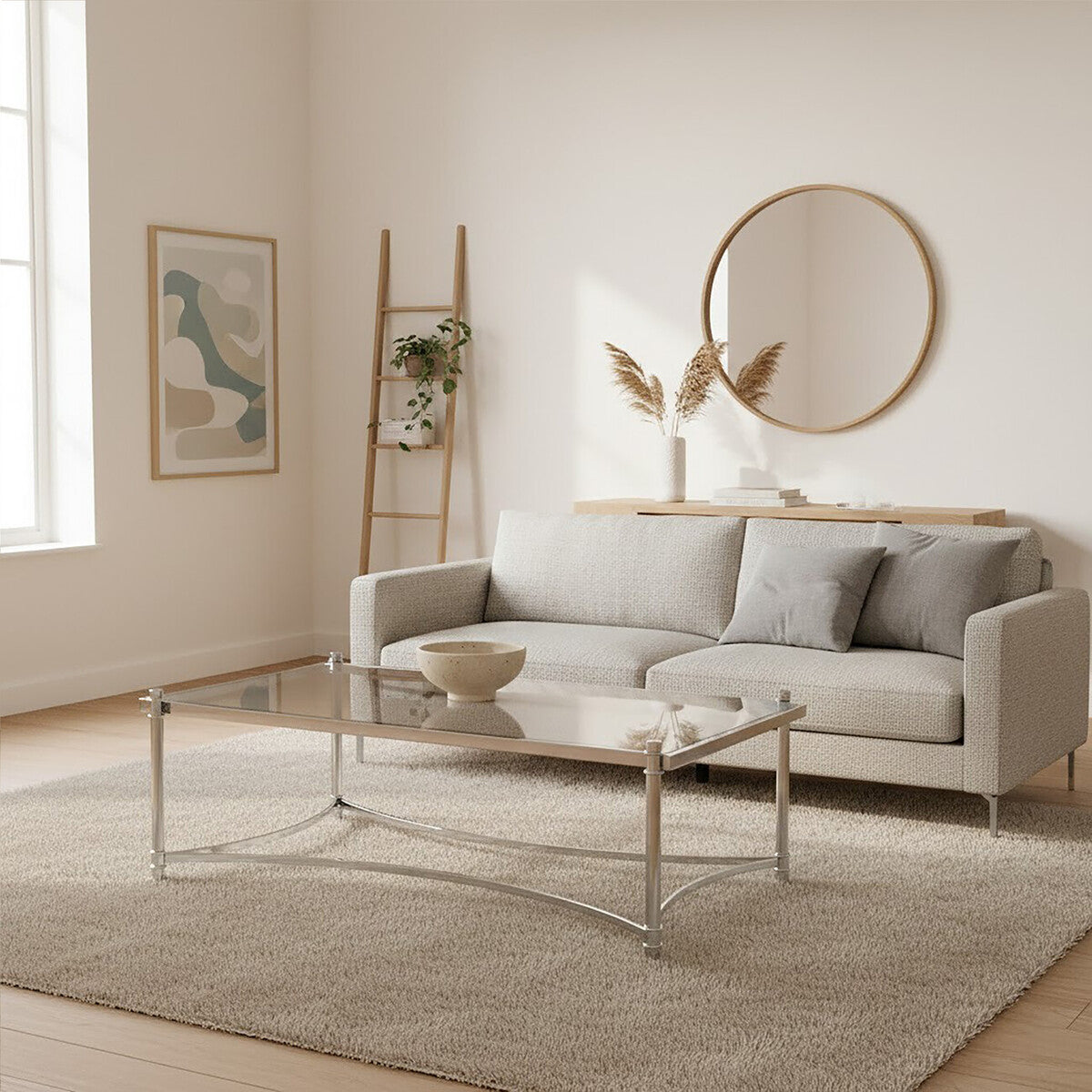 Orsina Ackley Rectangular Glass Coffee Table – Silver Stainless Steel