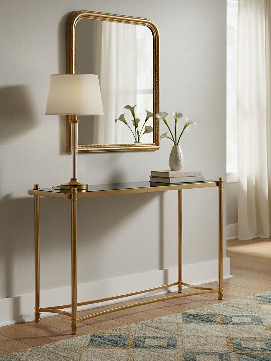Orsina Ackley Gold Console Table with Black Glass Top - 60 Inch