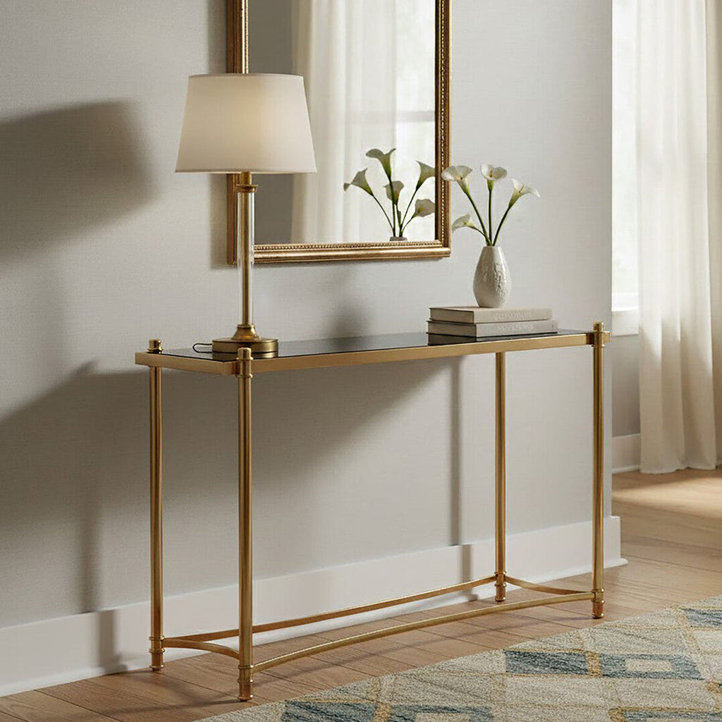 Orsina Ackley Gold Console Table with Black Glass Top - 60 Inch