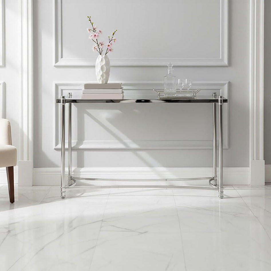 Orsina Ackley Console Table | Silver Stainless Steel & Clear Glass