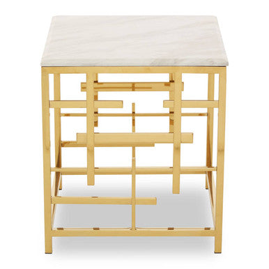 Orsina Aprilia White Marble Side Table | Gold Geometric Square Base