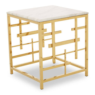 Orsina Aprilia White Marble Side Table | Gold Geometric Square Base
