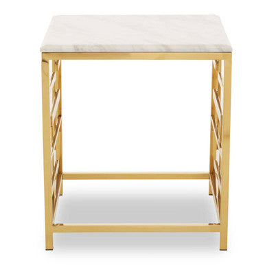 Orsina Aprilia White Marble Side Table | Gold Geometric Square Base