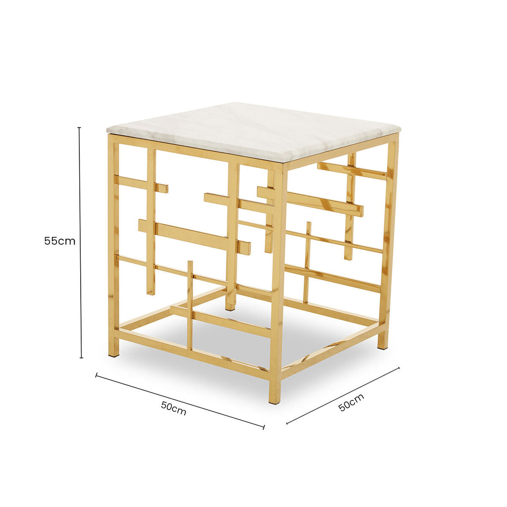 Orsina Aprilia White Marble Side Table | Gold Geometric Square Base