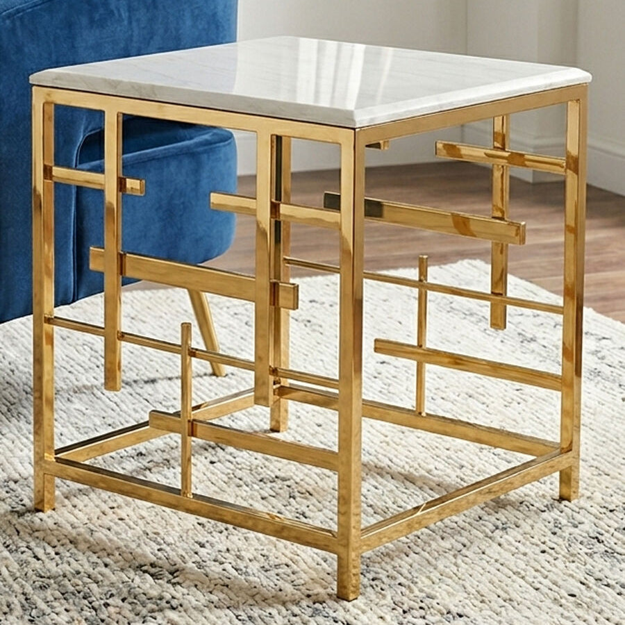 Orsina Aprilia White Marble Side Table | Gold Geometric Square Base