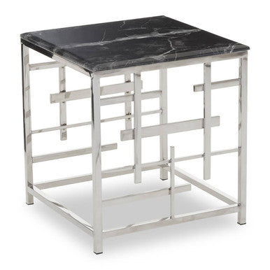 Orsina Aprilia Black Marble Side Table | Silver Geometric Base