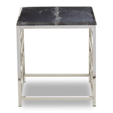 Orsina Aprilia Black Marble Side Table | Silver Geometric Base