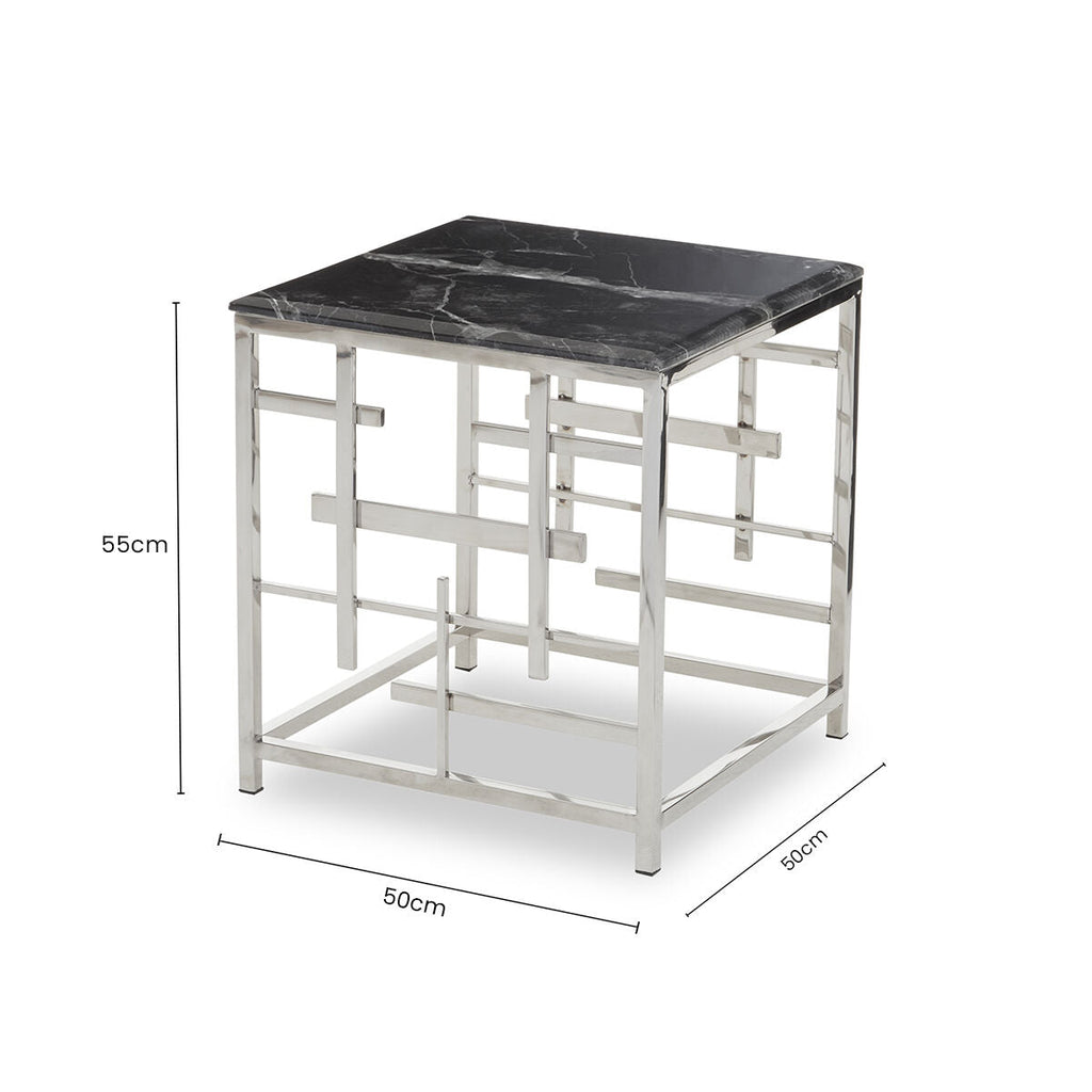 Orsina Aprilia Black Marble Side Table | Silver Geometric Base