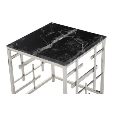 Orsina Aprilia Black Marble Side Table | Silver Geometric Base