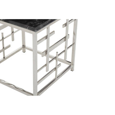 Orsina Aprilia Black Marble Side Table | Silver Geometric Base