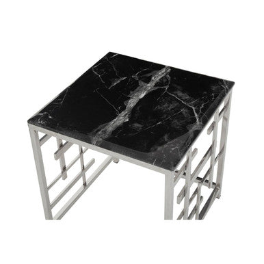 Orsina Aprilia Black Marble Side Table | Silver Geometric Base