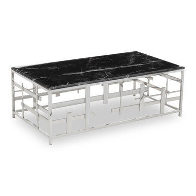 Orsina Aprilia Black Marble Coffee Table | Silver Geometric Base