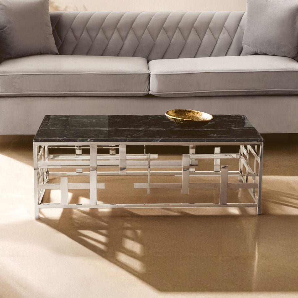 Orsina Aprilia Black Marble Coffee Table | Silver Geometric Base