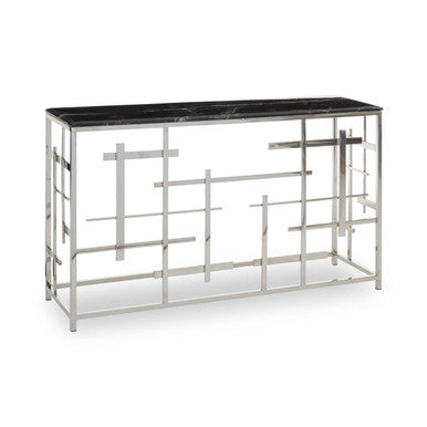 Orsina Aprilia Black Marble Console Table | Silver Geometric Base