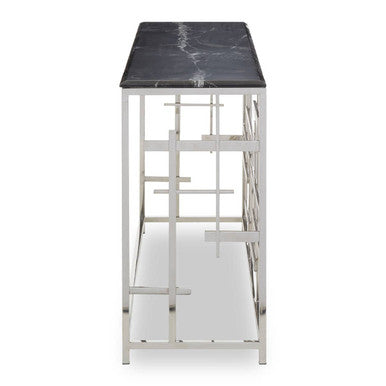 Orsina Aprilia Black Marble Console Table | Silver Geometric Base