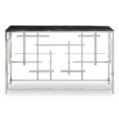 Orsina Aprilia Black Marble Console Table | Silver Geometric Base