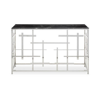 Orsina Aprilia Black Marble Console Table | Silver Geometric Base